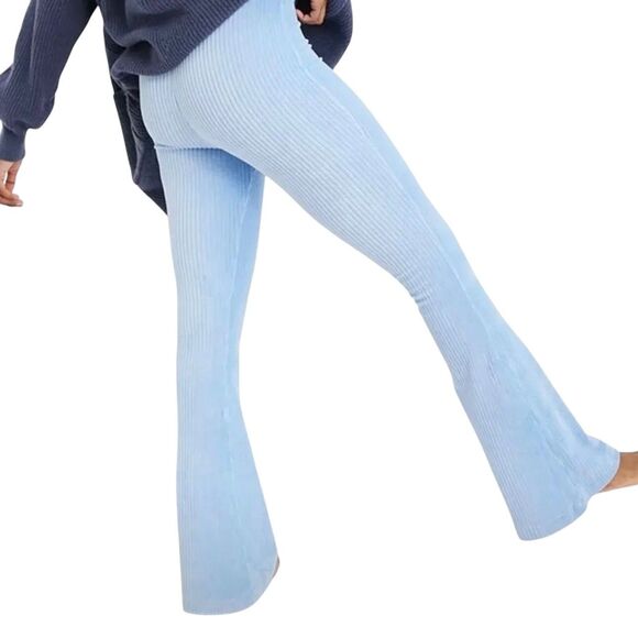 Aerie Groove On Velour Ribbed Flare Pants High Waist Blue S - Picture 2 of 6